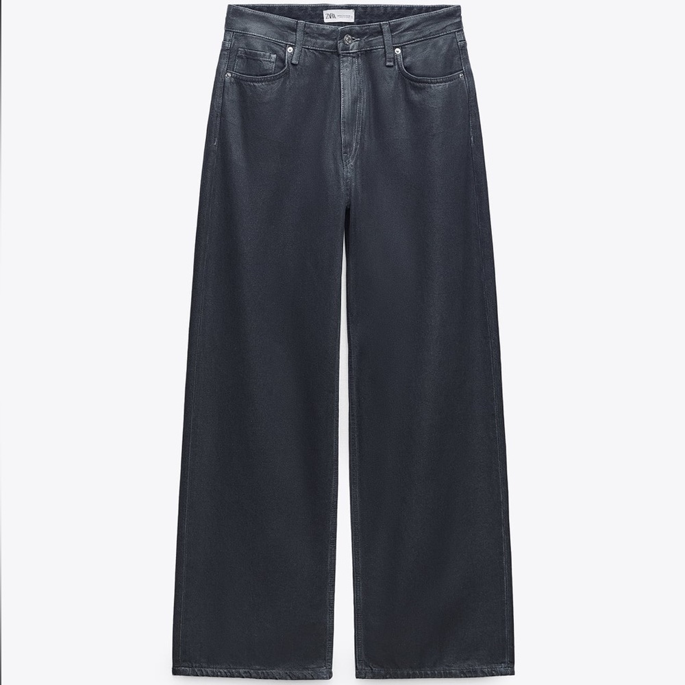 ZARA TRF MID RISE LOOSE FIT FOIL JEANS NAVY BLUE SIZE 4